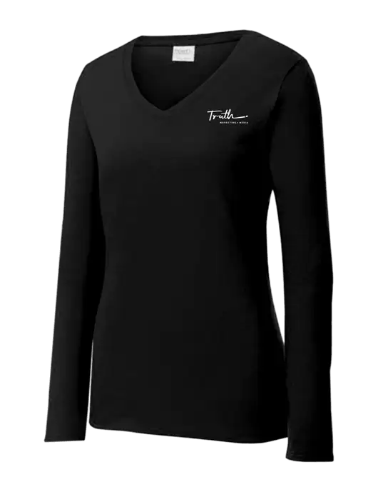 Womens V-Neck Ring Spun Jet Black 4.5 oz Long Sleeve T-Shirt w/Truth Logo