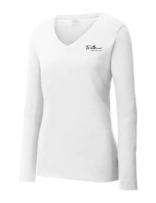 Womens  V-Neck Ring Spun White 4.5 oz Long Sleeve T-Shirt w/Truth Logo