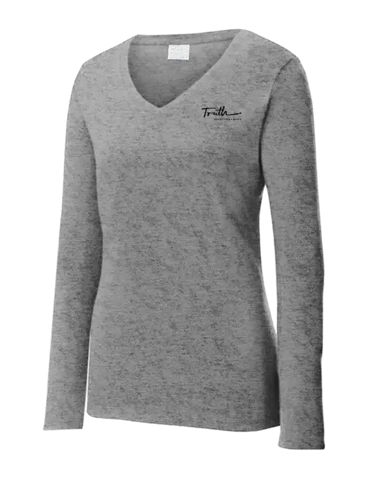 Womens  V-Neck Ring Spun Grey Heather 4.5 oz Long Sleeve T-Shirt w/Truth Logo