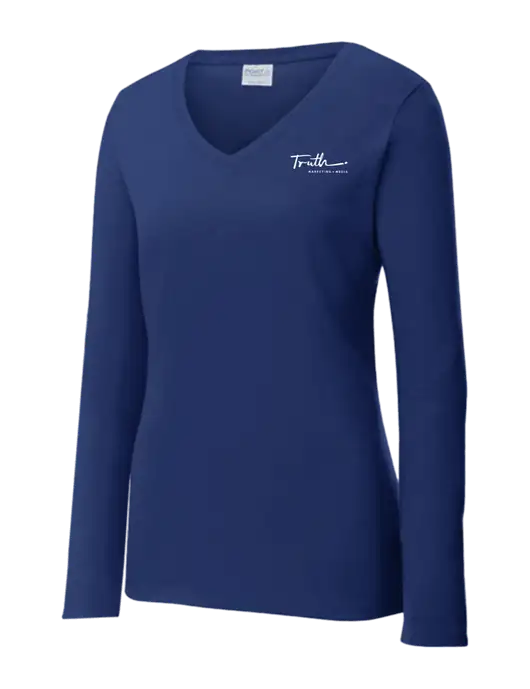 Womens  V-Neck Ring Spun Navy 4.5 oz Long Sleeve T-Shirt w/Truth Logo