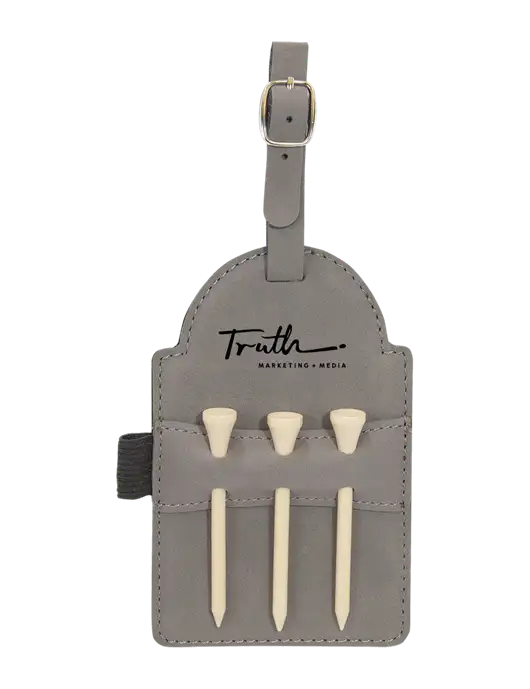 Grey Leatherette Golf Bag Tag with 3 Wooden Tees w/Truth Logo
