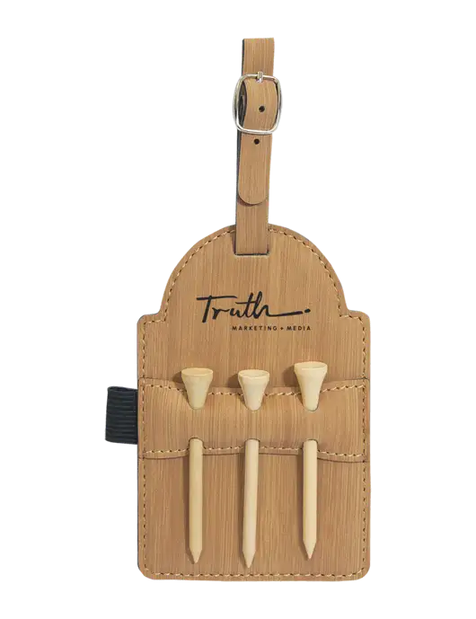 Bamboo Leatherette Golf Bag Tag with 3 Wooden Tees w/Truth Logo