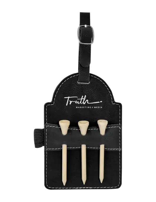 Black Leatherette Golf Bag Tag with 3 Wooden Tees w/Truth Logo