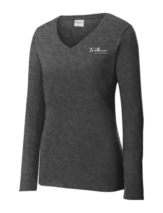 Womens  V-Neck Ring Spun Dark Heather Grey 4.5 oz Long Sleeve T-Shirt w/Truth Logo
