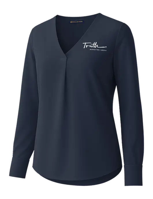 Brooks Brothers Womens Dark Navy Open-Neck Satin Blouse  w/Truth Logo