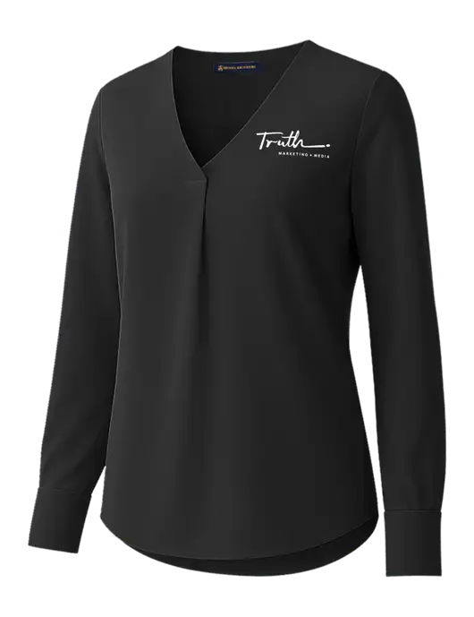 Brooks Brothers Womens Black Open-Neck Satin Blouse  w/Truth Logo