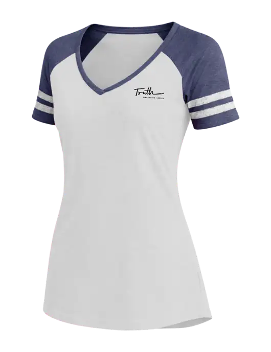 Womens White/Navy Heather V-Neck Game Tee w/Truth Logo